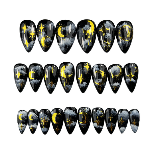 Celestial Cloudy Sky Press-On Nails – Black & Gold Moon Magic (24pcs)