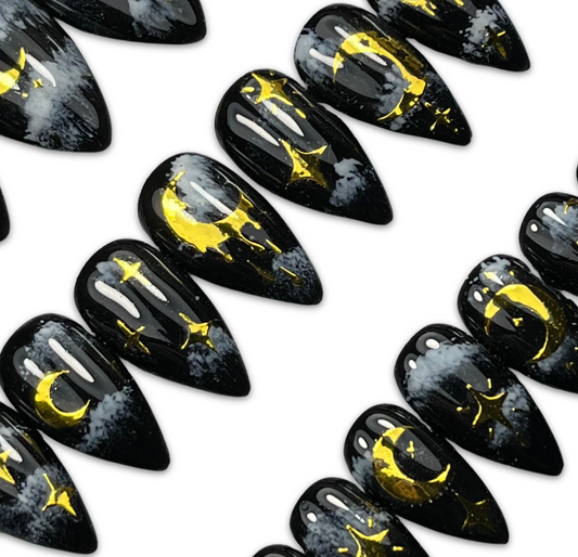 Celestial Cloudy Sky Press-On Nails – Black & Gold Moon Magic (24pcs)