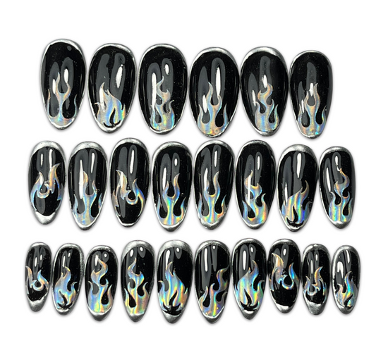Black Chrome Flame Press-On Nails – Holographic Fire Gothic Nail Set (24pcs)
