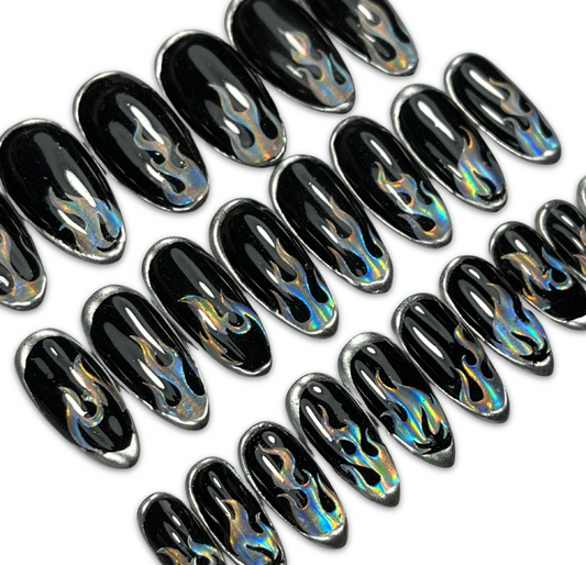 Black Chrome Flame Press-On Nails – Holographic Fire Gothic Nail Set (24pcs)