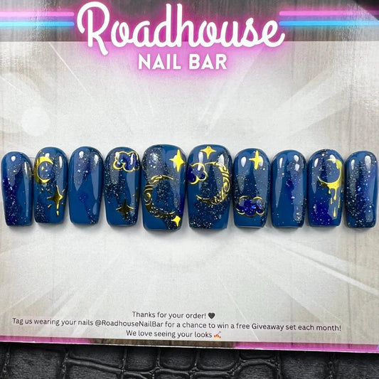 Celestial Gold & Navy Press-On Nails – Starry Sky Cosmic Glitter (10pcs)