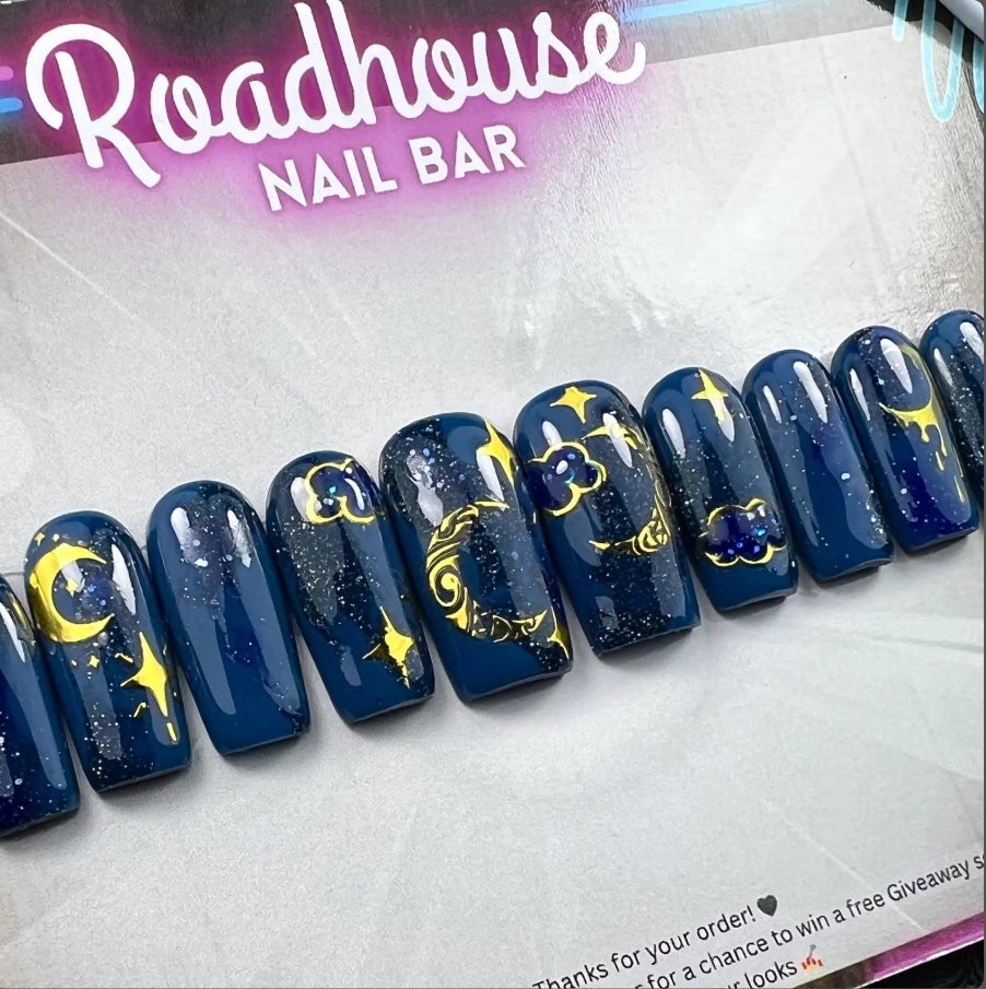 Celestial Gold & Navy Press-On Nails – Starry Sky Cosmic Glitter (10pcs)