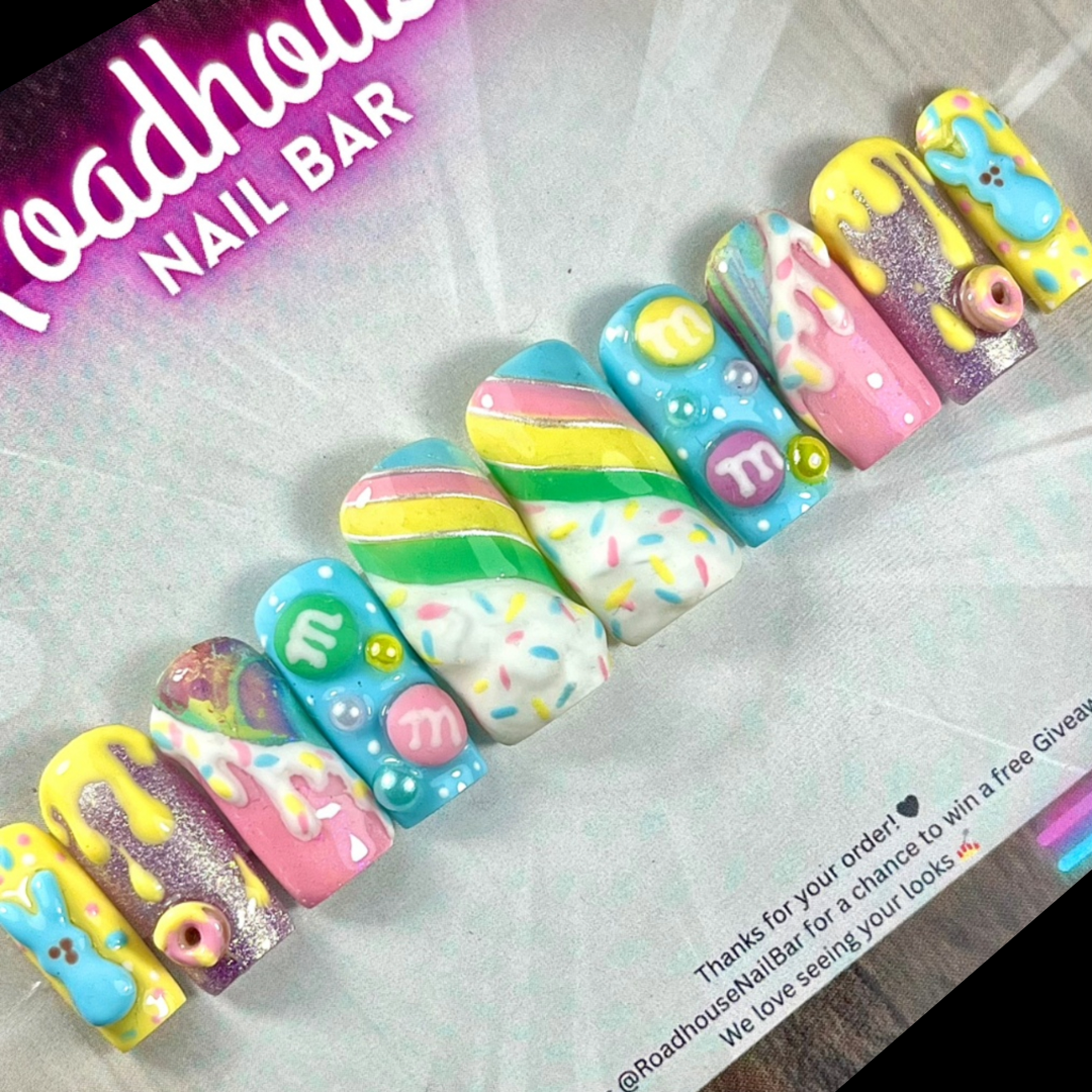 Pastel Sweet Treat Press-On Nails | 3D Marshmallow & Mallow Nails | Easter Candy Nail Art | Handmade UK Press Ons (10pcs)