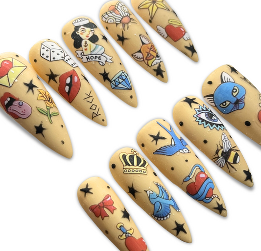 Traditional Tattoo Press-On Nails – Retro Ink Style on Neutral Base (10pcs Custom Set)
