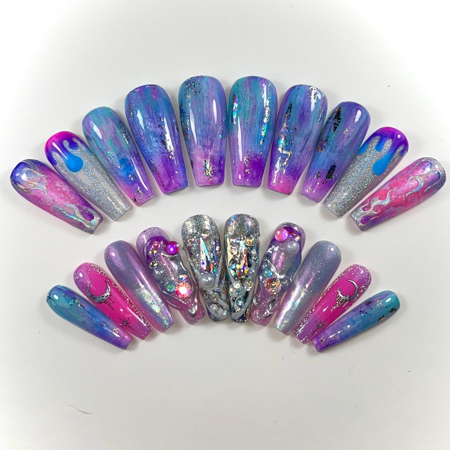 Pink holographic Junk Nail Press On Nails | 10 or 24pcs Reusable Nail Set | Pink blue Purple Metallic Chrome Nails |  Long Coffin Nails uk
