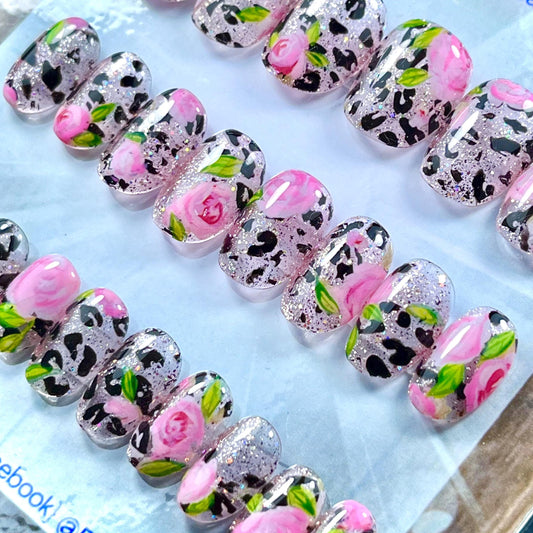 Pink Rose & Leopard Print Press-On Nails – Barbiecore Punk Glam (24pcs)