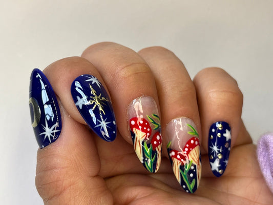 Royal Blue Woodland Press On Nails | Fairycore Celestial Fake Nails | Full Coverage Instant Manicure | Handcrafted Nail 10 Set