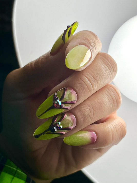 Lime Green Cat Eye Press-On Nails – 3D Purple Chrome & Rhinestones, Handmade 10pc Alt Nails, Custom Shape & Size, UK Seller
