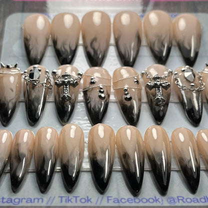 Gothic Bridal Thermal Press-On Nails – White to Black Smoke Effect (24pcs)