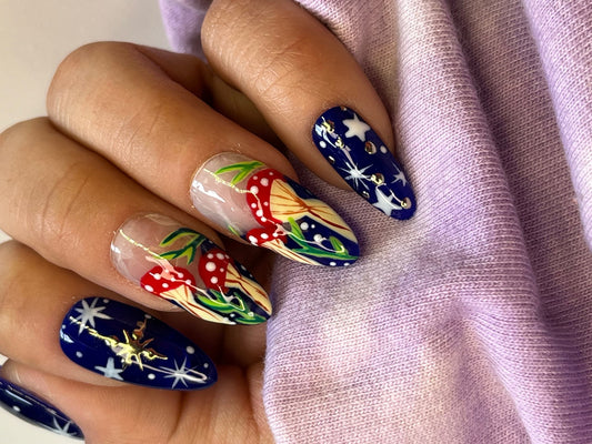 Royal Blue Woodland Press On Nails | Fairycore Celestial Fake Nails | Full Coverage Instant Manicure | Handcrafted Nail 10 Set