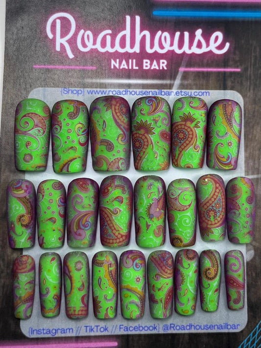 Bright Summer Neon Lime Green Press On Nails | Swirly Pattern Reusable nails | Square Medium 24pcs  Nail Set | Luxury Salon Nails