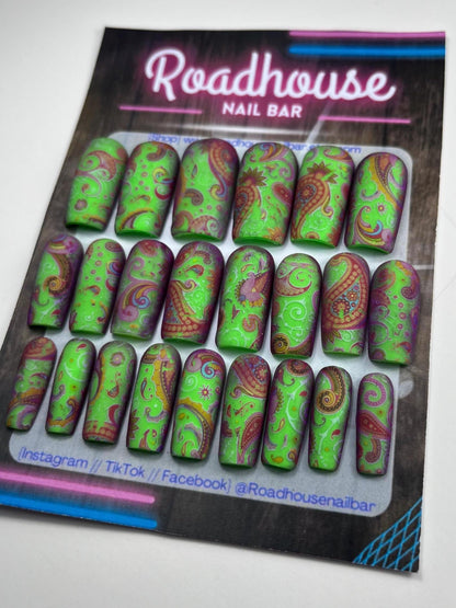 Bright Summer Neon Lime Green Press On Nails | Swirly Pattern Reusable nails | Square Medium 24pcs  Nail Set | Luxury Salon Nails