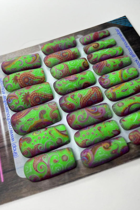Bright Summer Neon Lime Green Press On Nails | Swirly Pattern Reusable nails | Square Medium 24pcs  Nail Set | Luxury Salon Nails