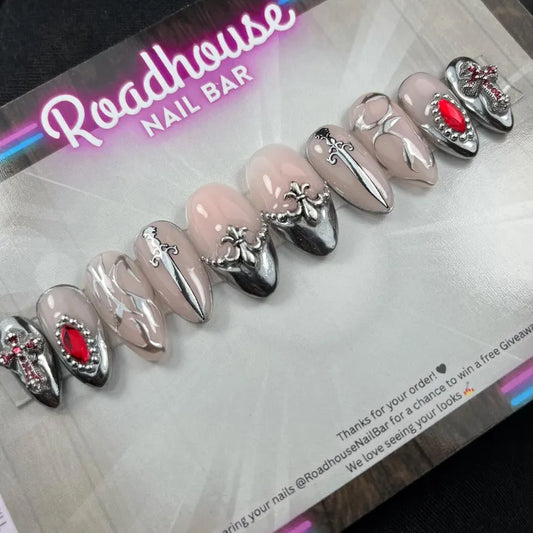 Medieval Gothic Armour Press-On Nails – Renaissance Fair Sword & Cross Design (10pcs)