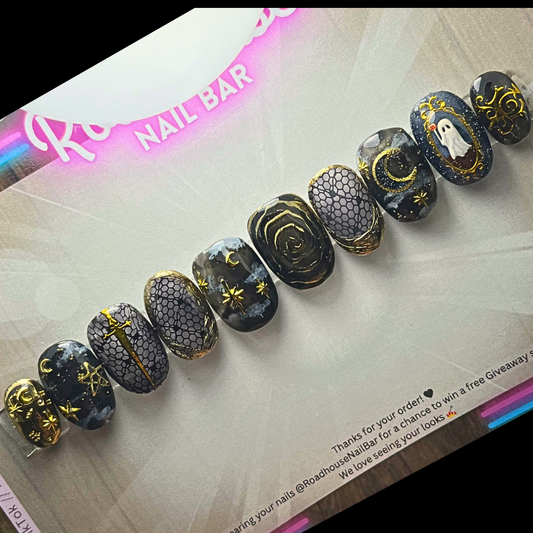 Paranormal Royalty – Gothic Gold & Black Cosmic Press-On Nails 10pc Custom Hand painted  Set