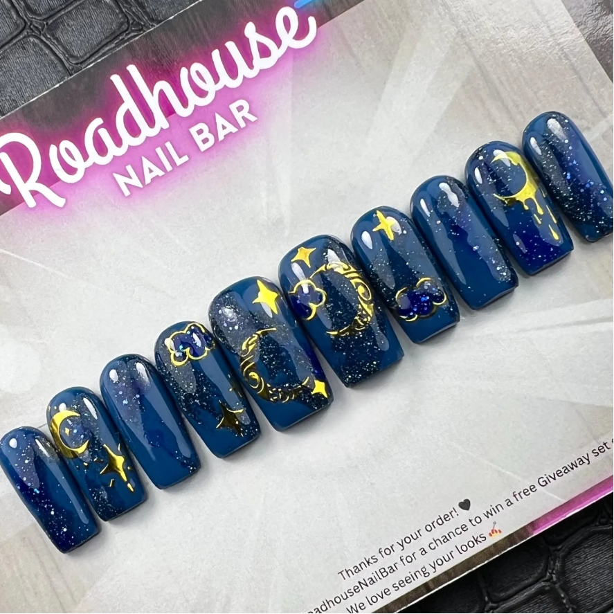Celestial Gold & Navy Press-On Nails – Starry Sky Cosmic Glitter (10pcs)